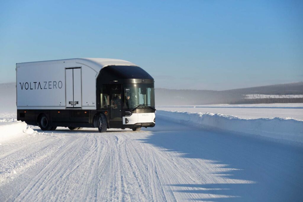 Volta Truck driving on snow during winter test trials
