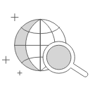 Globe icon with magnifying glass for internet search