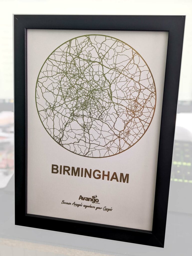 CityPrints foil finished print of the road map in Birmingham