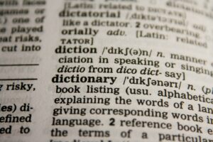 close up of the word dictionary in the book of same name