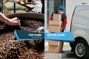 coffee production and a courier delivering boxes to represent the imbalance of fair trade in the UK