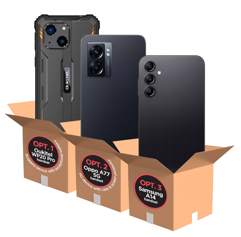 An illustration of an three mobile phone handsets appearing from cardboard boxes with labels on the front