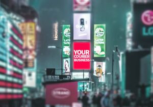 a picture of Times Square in New York adapt to show a sign saying 'your courier business' in relation to marketing tips for a blog post